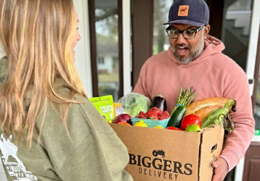 A Biggers Delivery box filled with fresh groceries